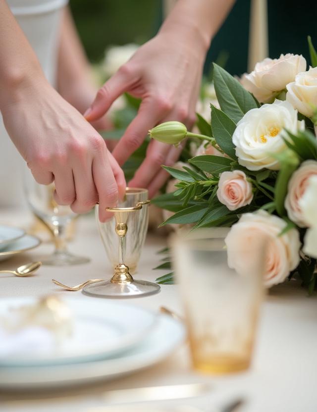 The Elysian Vows planning team meticulously arranging a luxury table setting